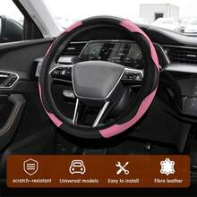 1pc Carbon Fiber Leather Comfortable Car Steering Wheel Cover, Fits 14.5-15 Inch Steering Wheel, Elastic Band, Unisex, Suitable For All Seasons - Pink - View 8