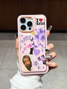 紫色花卉耶稣拼贴图案防震纹理皮革手机壳，兼容苹果17/16 Pro Max、14/13、16、12、11 Pro Max、XS Max、X、XR、8、7、14 Plus，适合作为生日礼物、送给女朋友、男朋友或自用。 - 粉色 - 查看 2