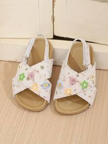 1 Pair Girls Cute Floral Open Toe Beach Sandals, Criss-Cross Strap Flat Casual Slip-On Slippers - Apricot - View 1