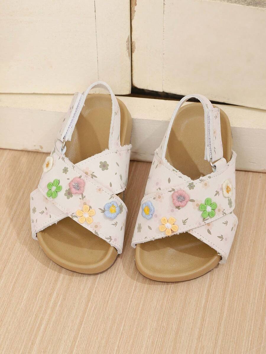 1 Pair Girls Cute Floral Open Toe Beach Sandals, Criss-Cross Strap Flat Casual Slip-On Slippers - Apricot - View 1
