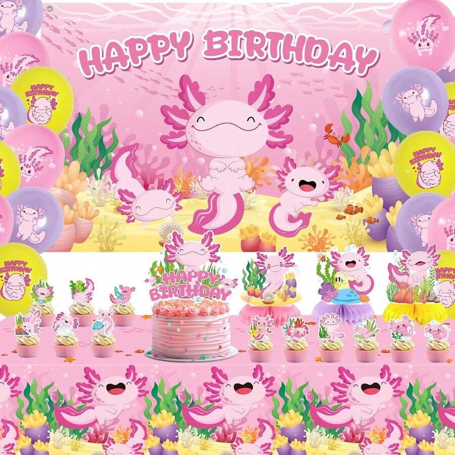 DPink Axolotl Birthday Party Decorations Axolotl Party Plies Including Banner Cake Toppers Table Centerpieces Balloons For Axolotl Birthday Party B - Pink - View 1