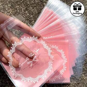 50/100pcs,Cute Bow Square Gift Printed Souvenir Sealed Bag Gift Packaging Bag, Suitable For Birthday, Holiday Parties And Diy Handicrafts