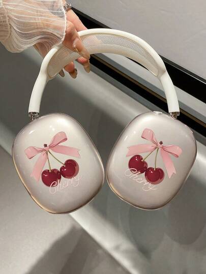 "1 Pair Pink Transparent Cherry Bow Letter Print Earpad Cover Compatible With AirPods Max - Soft TPU Protective Shell, Shockproof Scratch-Resistant Headphone Case Compatible With Apple Over-Ear Wireless Headphones"