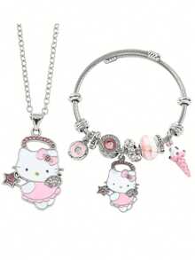 两件套，项链+手链，可爱卡通Hello Kitty首饰套装，锌合金手链镶嵌闪亮水晶，时尚配饰，包含项链和手链，适合日常佩戴和送礼，情人节完美之选。
