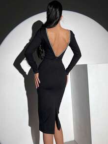 Women's Fashion Long Sleeve Bodycon Dress Midi Deep V Backless Faux Pearl Embellished Black Party Dress Sexy Night Out Birthday Evening Cocktail Dress Spring Summer New Wedding - Black - View 1