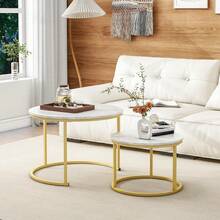 1 Juego de mesa de centro redonda anidada chapada en oro con tablero de mármol de madera y marco de metal resistente, adecuada como mesa auxiliar para sala de estar, dormitorio, balcón y patio - Dorado - Ver 9