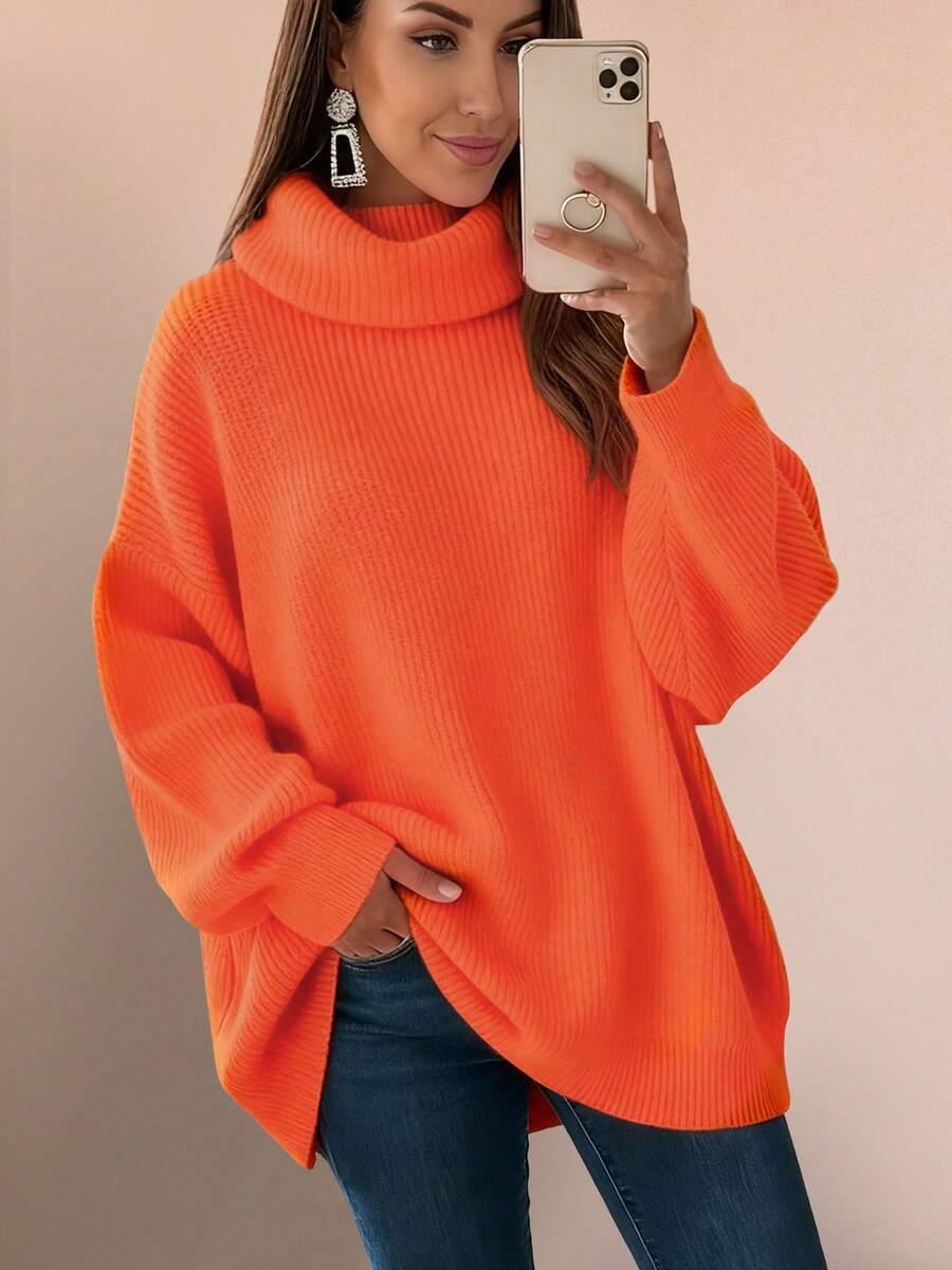 Nuevo suéter de cuello alto de punto de unicolor minimalista y de moda para mujer, otoño/invierno - Naranja Quemada - Ver 1