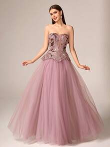 VIPGIRL Đầm dạ hội dài, sang trọng, không dây vai, dáng xòe, chất liệu lưới, đính sequin, điểm nhấn là các chi tiết sequin tương phản. - Hồng - Xem 4