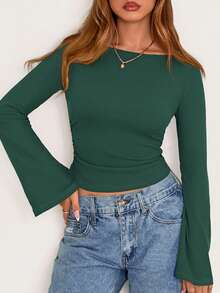 Fall New Arrival Women's Long-Sleeve Top Crop-Top Style Casual Outerwear Boat Neck With Bell Sleeves Ribbed Pleated Design Millennial-Inspired Fashion - 墨綠色 - 查看 6