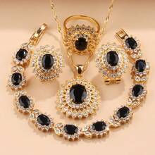 Juego de joyas de lujo de alta calidad con girasol de circonita cúbica, chapado en oro de 18K, para mujer, incluye collar, aretes, pulsera y anillo abierto, ideal para bodas, fiestas, Navidad, Acción de Gracias, Halloween, Día de San Valentín y uso diario - Rosa - Ver 5