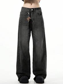 1件男士时尚宽松复古做旧水洗阔腿休闲牛仔裤 - 黑色 - 查看 4