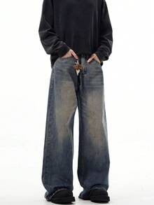 1pc Men's Fashionable Loose Vintage Washed Wide-Leg Casual Jeans (No Belt Or Accessories) - Dusty Blue - View 2