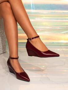 Women's Commute Flat-Toed Low Heel Shoes, Fashion Pointed Toe High Heels, Simple Style, Elegant Height-Increasing Women's Shoes - Burgundy - View 4