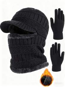 2pcs/Set Winter Knit Hat, Balaclava, Anti-Slip Touch Screen Gloves Set, Warm Ski Mask Cap, Unisex
