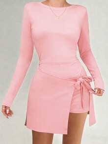 Women's New Black Round Neck Long Sleeve Backless Deep V-Neck 2-In-1 Jumpsuit With Drawstring, Built-In Shorts, Minimalist Elegant Fashion Casual Yoga Baseball Fitness Street Running Jumpsuit, Autumn/Winter - Pink - View 2