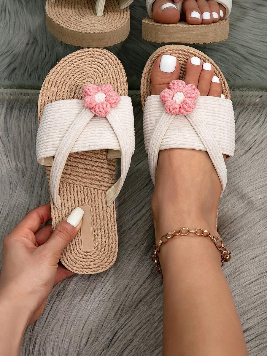 Women's Summer Flat Thong Sandals, Beige Fabric Lace-Up Slides, Casual Toe Open Slip-On Shoes For Daily, Beach, Travel, Versatile - Pink - View 1