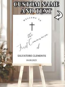 可客製化「歡迎參加 Salvador Clement 的初次領聖體」標誌 - 優雅花卉十字架設計，適合洗禮與初次領聖體慶典，宗教裝飾 | 優雅手寫字體 | 耐用 - 彩色 - 查看 2