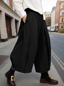 女士休闲黑色阔腿裤，法式休闲直筒裤，松紧腰带带口袋 - 时尚高品质宽松长裤，情人节夏季款 - 黑色 - 查看 3