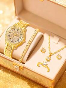 6pcs Women's Bohemian Style Quartz Watch Jewelry Set - Gold Alloy Chronograph Watch, Bracelet, Necklace, Ring Jewelry Set - Elegant Gift, Suitable For Birthday, Party, Casual - Best Gift For Women - Gold - View 1