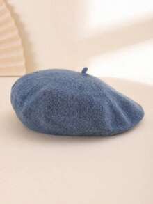 1pc Ladies' Solid Color Knit Elegant Beret With Smooth Surface, Japanese Style, Suitable Daily Wear And Shopping Vintage Casual - 牛仔藍 - 查看 5