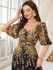 SUPGIR Women's [Random Cut] Square-Neck Bubble Sleeve Narrow Waist All Over Print Chiffon Temperament Formal Evening Dress - Black - View 3