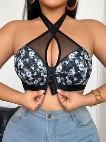 1pc Women's Solid Color Floral Wireless Front Closure Comfortable Plus Size Bra - Black - View 1