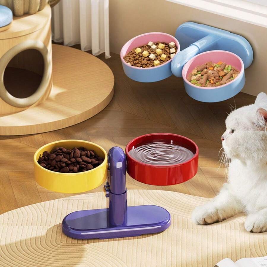 Pet High Footed Double Bowl Adjustable Height Sucker Pet Feeder Anti-Spill Wall Mounted Rotatable Angle Elevated Pets Feeder Bowl - One Size Fits All - View 1