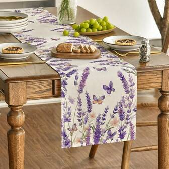 1 pieza Camino de mesa con flores de lavanda y mariposas de primavera en color púrpura, decoración estacional de verano para la mesa de la cocina y el comedor en el hogar y fiestas
