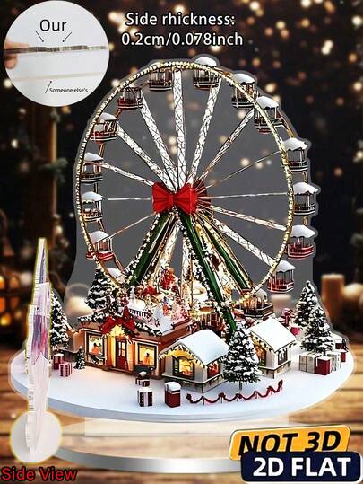 1件2D平面波西米亚风格亚克力圣诞村摩天轮桌面摆件，英伦主题建筑装饰，多功能波西米亚风格牌匾，照片印刷，适用于家居、办公室、室内、室外、咖啡馆和甜品店节日装饰，非电动