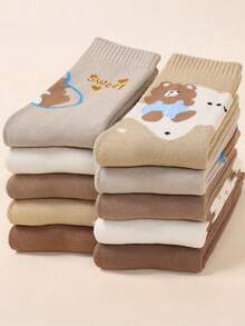 5 Pairs Of Women's Mid Length Socks With Cartoon Teddy Bear Pattern, Thickened Velvet, Suitable For Autumn And Winter, Home Sleep, Outdoor Activities, And Sports Youth (18-40 Years Old) - Multicolor - View 6