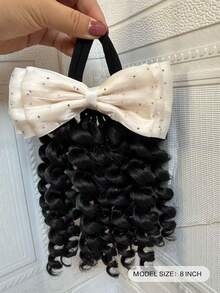 1 pieza Extensión de cabello con cola de caballo de 8 pulgadas [Cola de caballo rizada + Lazo de cinta beige/azul/morado/rosa] Pelucas y extensiones sintéticas de cola de caballo con lazo elástico para niños y mujeres, adecuadas para uso diario, regalos de Navidad, pelucas y accesorios de graduación - Negro natural - Ver 3