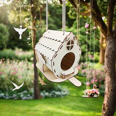 1pc Hanging Wooden Bird Feeder Birdhouse DIY Assembly Outdoor Garden Decoration Feeder Bird Cage Bird House