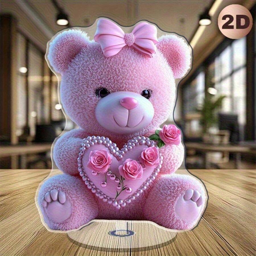 2D Acrylic Pink Bear Desktop Decor With Heart & Rose, Valentine's Gift, Suitable For Home, Office, Cafe, Restaurant - Indoor & Outdoor, Cute Plush Teddy Bear With Pearl Necklace And Pink Bow, Perfect Gift Item, Heart Decor | Acrylic Structure, 3D Figurine, Elegant Decoration, Durable Material, Lightweight Decor, Rose Decor, Romantic Decor - Multicolor - View 1