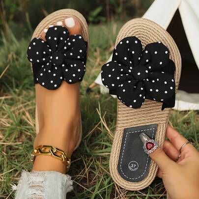 女士蝴蝶结平底拖鞋，时尚圆头露趾防滑凉拖鞋，室内/室外休闲拖鞋，女士鞋履