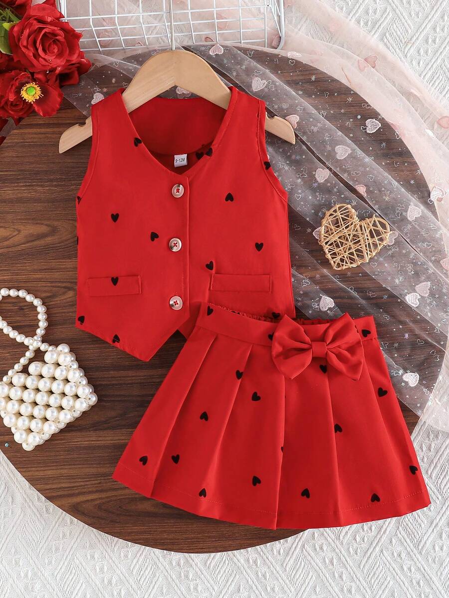 2pcs/Set Baby Girls' Heart Pattern Sleeveless Top And Elegant Pleated Skirt With Bow, Fashion Summer Outfit - Red - View 1