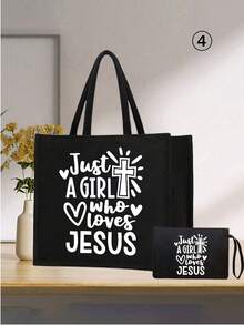一套轻便手提包和化妆包，女士大容量亚麻托特包 - 简约“Just A Girl Who Loves Jesus”英文字母、心形和十字架图案，基督教主题大容量购物袋，创新设计，宽敞便携休闲手提包 - 彩色 - 查看 21