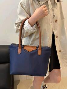 A Simple And Versatile Solid Color Casual Tote Bag, Large Capacity, With Zipper, Can Be Worn As A Shoulder Bag, Suitable For Shopping, Vacation, Work And Commuting, And Various Occasions. - Blue - View 4