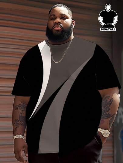 大码撞色拼接短袖T恤，宽松休闲街头风男士上衣