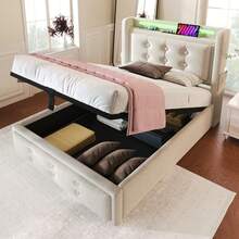 Upholstered Bed 90x200, Single Bed With LED Headboard And USB C Charging Function, Hydraulic Bed With Wooden Slatted Base And Metal Frame, Load Capacity 150 Kg, Beige, Cotton (Mattress Not Included) - Beige + Cotton Linen - View 3