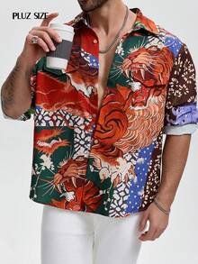 1pc Men's Floral Print Lapel Single-Breasted Long Sleeve Casual Shirt, Elegant For Holiday Party, Vacation, Commute, Plus Size - Red - View 3