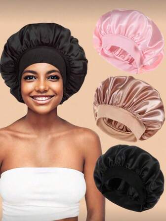 3pcs/1pc Silk Sleep Cap, Women's Solid Color Wide Brim Elastic Silky Satin Sleep Hat, Satin Hair Cap, Soft Elastic Silk Sleep Cap, Curly Hair Silk Headband, Women Multi-Color Wide Brim Hair Cap, Daily Wear Silk Hair Cap, Satin Hair Cap