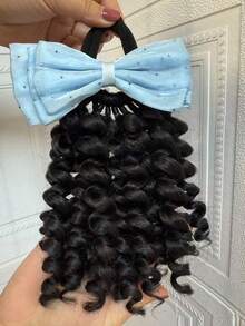 1 pieza Extensión de cabello con cola de caballo de 8 pulgadas [Cola de caballo rizada + Lazo de cinta beige/azul/morado/rosa] Pelucas y extensiones sintéticas de cola de caballo con lazo elástico para niños y mujeres, adecuadas para uso diario, regalos de Navidad, pelucas y accesorios de graduación - Negro natural - Ver 8