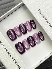 10片手工方形亚克力美甲贴纸，短款/中款可选，简约紫色美甲，闪亮猫眼美甲，优雅奢华手工美甲，秋季美甲贴纸，可爱美学，百搭美甲，DIY假指甲，适合派对、日常、约会、海滩、热带度假，可重复使用，送给女性和女孩的礼物，美甲用品 - 紫丁香色 - 查看 7