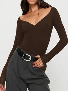 性感休闲美式时尚长袖上衣，V领修身显瘦衬衫，春季款 - 棕色 - 查看 2
