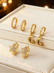 Conjunto de 6 brincos pendentes personalizados em cobre banhado a ouro 18K com zircônias cúbicas incrustadas, em formato de estrela, lua e sol. Perfeitos para uso diário e como presente para amigas em datas comemorativas e aniversários. - Ouro amarelo - Ver 2