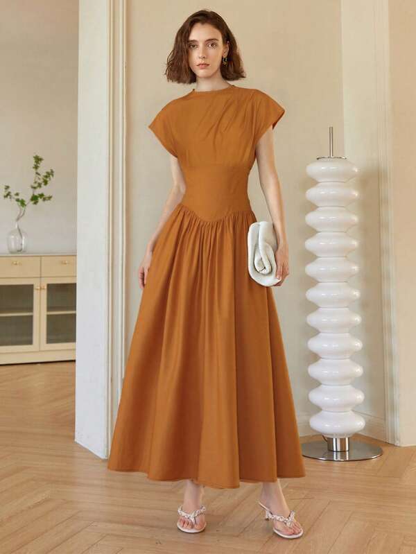 Amyenjoylife Modern Filipiniana Attire Dress Elegant,Batwing Dress,Ladies' Elegant Temperament Dress,Vintage Solid Color Smocked Waist Full Skirt,Thanksgiving Brown Dress