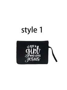 一套轻便手提包和化妆包，女士大容量亚麻托特包 - 简约“Just A Girl Who Loves Jesus”英文字母、心形和十字架图案，基督教主题大容量购物袋，创新设计，宽敞便携休闲手提包 - 彩色 - 查看 23