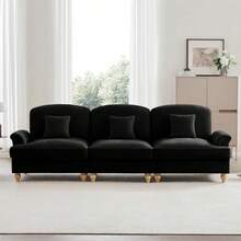 Canapé 3 places d'inspiration mid-century en chenille noire - Élégance rétro avec ses accoudoirs entonnoir, sa jupe à volants amovible et ses pieds fuseau emblématiques - défaut - Voir 5