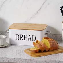 Large Metal Bread Bin With Bamboo Lid Kitchen Loaf Bread Storage Box Food Container - White - View 6