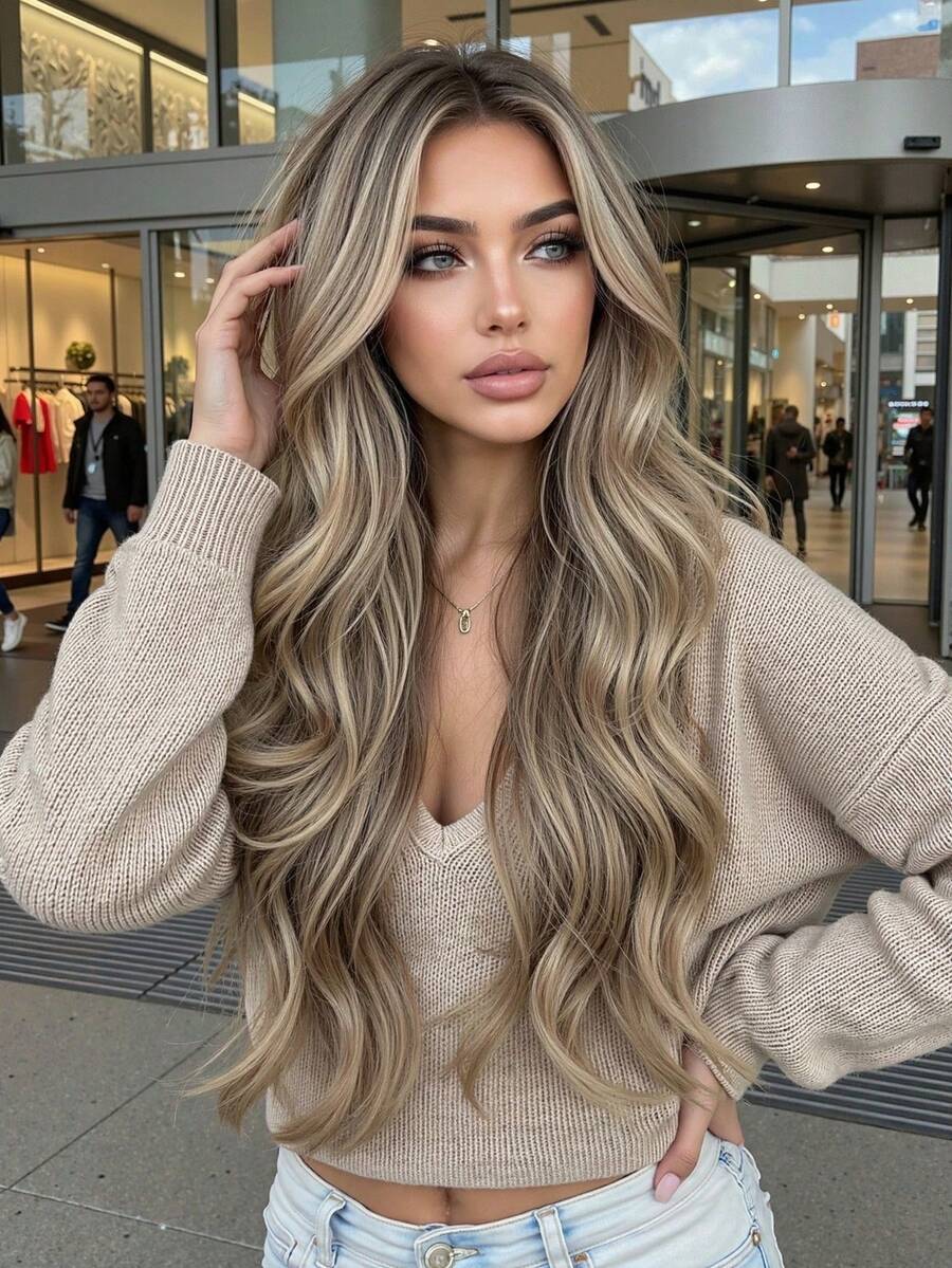 Peruca sintética castanha de 71 cm (28 polegadas) de comprimento, com risca ao meio e cabelo encaracolado loiro, adequada para uso diário feminino, cosplay, natural e realista, ideal para Halloween, Natal, Ano Novo, Carnaval, festivais de música, formatura, feriados e um presente perfeito para meninas e mulheres.